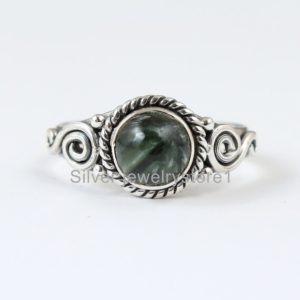 Shop Seraphinite Rings! Natural Green Seraphinite Ring, Natural Gemstone Ring, Seraphinite Jewelry, Handmade Ring, Women Ring, 7 mm Round Ring, Solitaire Ring | Natural genuine Seraphinite rings, simple unique handcrafted gemstone rings. #rings #jewelry #shopping #gift #handmade #fashion #style #affiliate #ad