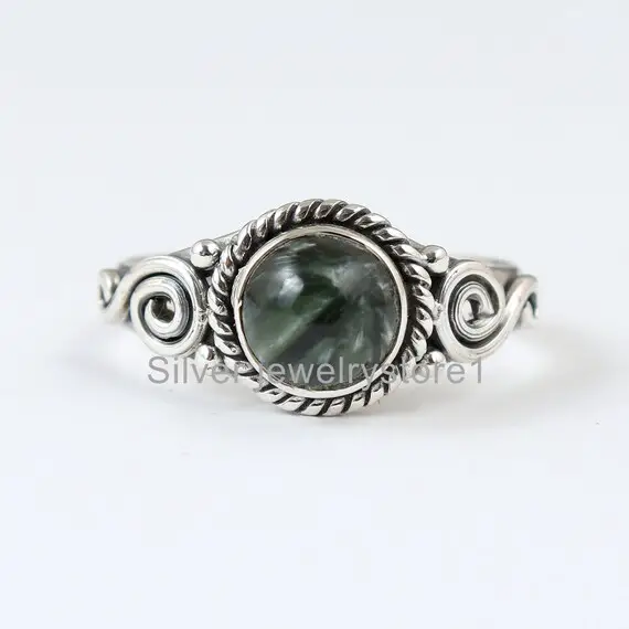 Natural Green Seraphinite Ring, Natural Gemstone Ring, Seraphinite Jewelry, Handmade Ring, Women Ring, 7 Mm Round Ring, Solitaire Ring