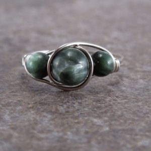 Shop Seraphinite Rings! Sterling Silver Triple Seraphinite Bead Ring | Natural genuine Seraphinite rings, simple unique handcrafted gemstone rings. #rings #jewelry #shopping #gift #handmade #fashion #style #affiliate #ad
