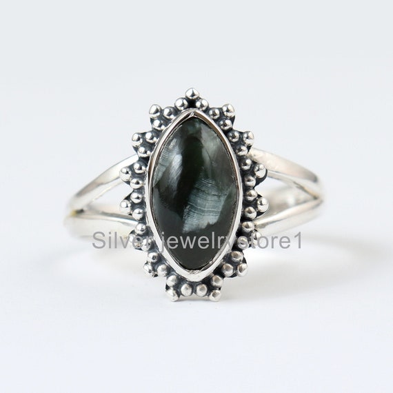 Top Green Seraphinite Ring, Natural Gemstone Ring, Seraphinite Jewelry, Handmade Ring, Unisex Ring, 6x12 Mm Marquise Ring, Anniversary Ring