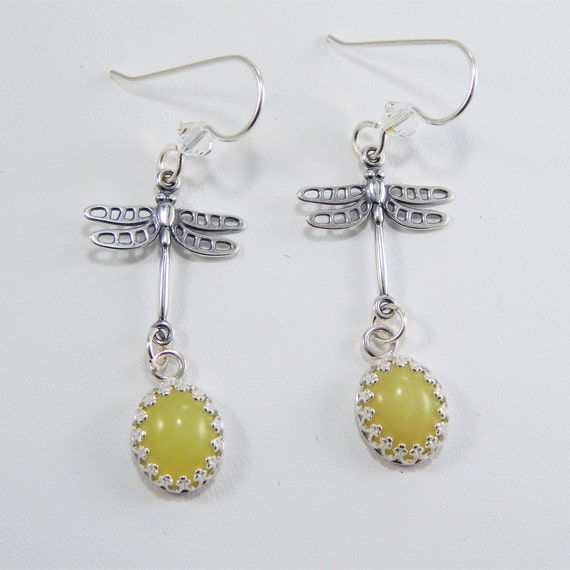 Yellow Serpentine Earrings. Yellow Serpentine. Dragonfly Earrings. Dragonfly Jewelry. Whimsical. Handmade. Sterling Silver. Gift Idea.