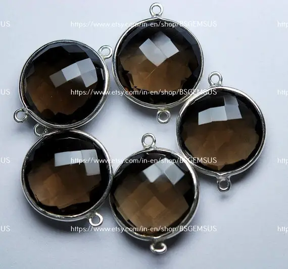 92.5 Sterling Silver,smoky Quartz Faceted Coins Shape Connector, 5 Piece Of 26mm