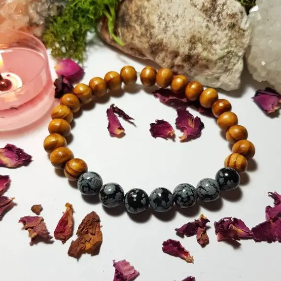 Genuine Snowflake Obsidian Crystal And Wooden Beaded Bracelet - Balance Your Emotions - Protection