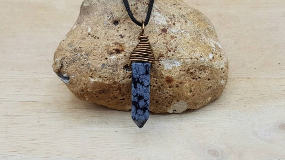 Mens Snowflake Obsidian Pendant. Unisex Reiki Jewelry Uk. Virgo Jewelry. Hexagonal Crystal Point Wire Wrapped Pendant. Empowered Crystals