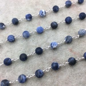 Shop Sodalite Round Beads! Silver Plated Copper Rosary Chain with 6mm Matte Round Shaped Blue/White Sodalite Beads – Sold by the Foot! – Natural Beaded Chain | Natural genuine round Sodalite beads for beading and jewelry making.  #jewelry #beads #beadedjewelry #diyjewelry #jewelrymaking #beadstore #beading #affiliate #ad