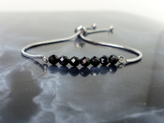 Black Spinel Bracelet Faceted 4mm, Dainty Adjustable Natural Gemstone Bracelet For Women Or Girl, Stainless Steel Bracelet + Gift Bag