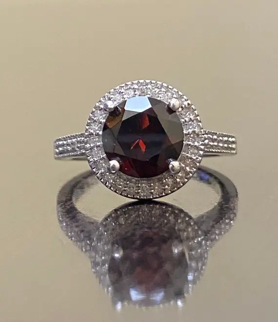 Sterling Silver Art Deco Halo Diamond Garnet Engagement Ring - Handmade Silver Halo Garnet Diamond Wedding Ring - Halo Diamond Ring