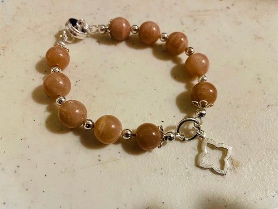 Sunstone Bracelet - Sterling Silver - Peach Gemstone Jewelry - Beaded - Quatrefoil Charm - Chunky
