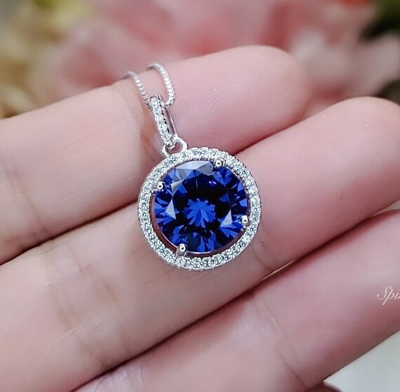 Large 10mm Tanzanite Necklace - Full Sterling Silver Solitaire Round  Lab Created Energic Tanzanite Pendant December Birthstone #502