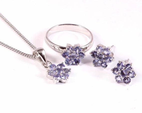 Natural Tanzanite Ring Earrings Pendant Necklace, Cluster Flower Jewelry Set, 925 Sterling Silver, Bridal Jewelry, December Birthstone Gift