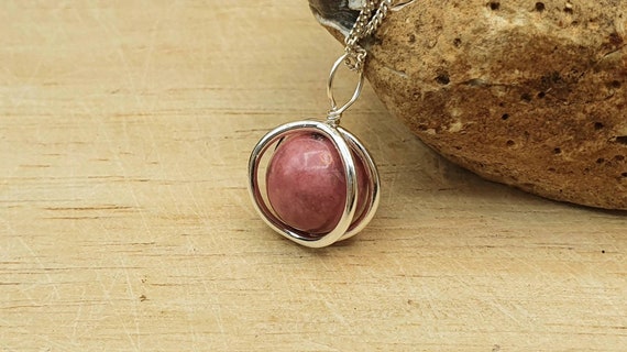 Rare Thulite Circle Pendant Necklace. Reiki Jewelry. Minimalist Sterling Silver Rozalite Pendant Uk. 10mm Stone. Gift For Her