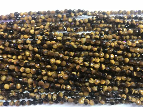 Faceted Yellow Tiger Eyes 4mm Flat Round Cut Grade A Natural Coin Beads 15 Inch Jewelry Bracelet Necklace Material Supply