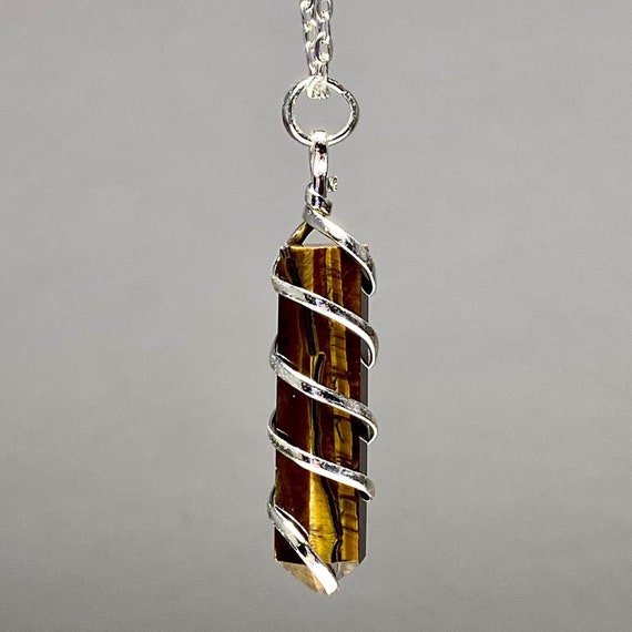 Tiger Eye Pendant Coil Wrapped With Chain