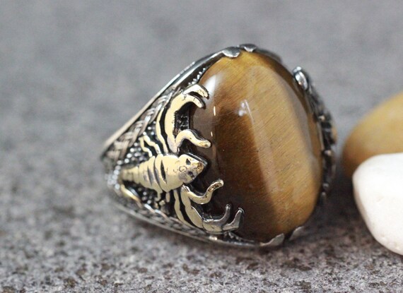 Scorpion Mens Ring, Sterling Silver 925 Tiger Eye Ring, Silver 925 Mens Jewelry, Mens Handmade Ring, Man Ring, Ottoman Mens Ring, Animal