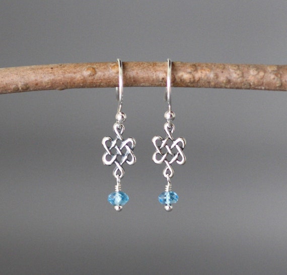 Blue Topaz Earrings - Celtic Knot Earrings - Blue Gemstone Earrings - Bali Silver Earrings - Small Silver Earrings