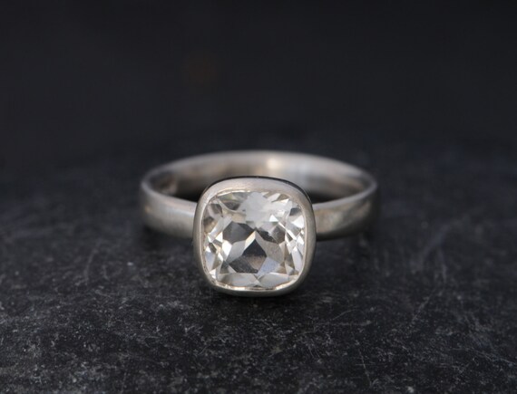Cushion Cut White Topaz Engagement Ring In Silver, Square White Topaz Ring