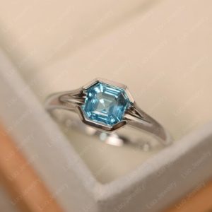Swiss blue topaz ring, asscher cut, sterling silver, light blue stone ring, November birthstone | Natural genuine Gemstone rings, simple unique handcrafted gemstone rings. #rings #jewelry #shopping #gift #handmade #fashion #style #affiliate #ad