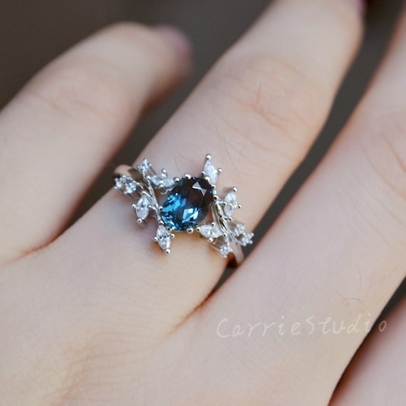 Unique Blue Topaz Ring/silver Natural Inspired Oval London Blue Topaz Engagement Ring/blue Gem Promise Ring Gift