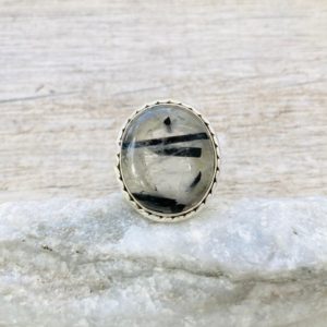 Size 8 Natural Black Tourmaline in Quartz Ring, Tourmalinated Quartz Ring, 925 Sterling Silver Ring, Natural Crystal Ring | Natural genuine Tourmalinated Quartz rings, simple unique handcrafted gemstone rings. #rings #jewelry #shopping #gift #handmade #fashion #style #affiliate #ad