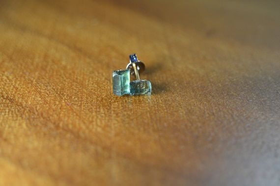 Indicolite Tourmaline Crystal Earrings In Sterling Silver, 14k Gold // Tourmaline // Raw Crystal Studs // October Birthstone // Tiny Studs