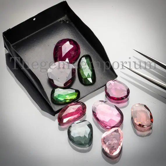Natural Multi Tourmaline Loose Gemstone ,10x14-15x20mm Fancy Rose Cut Mix Lot, Aaa Quality Tourmaline Slices, Rose Cut Gemstone For Jewelry