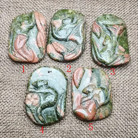 Natural Unakite Jasper Pendant Carving Mouse With Flower Designer Necklace Pendant