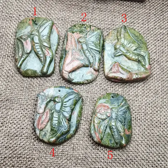 Natural Unakite Jasper Pendant Carving Butterfly With Flower Designer Necklace Pendant