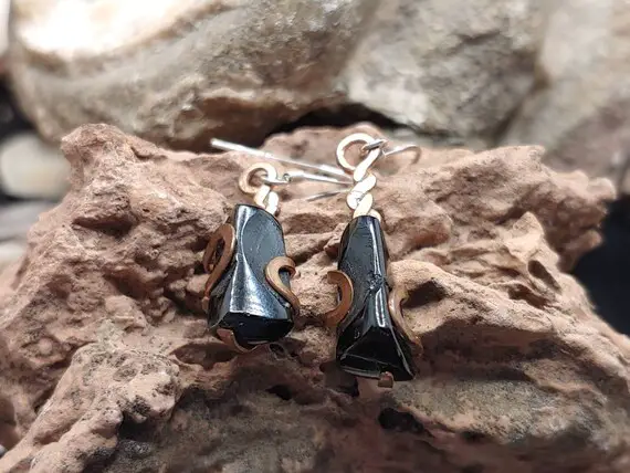 Unique Handmade Earrings With Whitby Jet, Recycled Copper Wire And Sterling Silver --- Free Worldwide Shipping