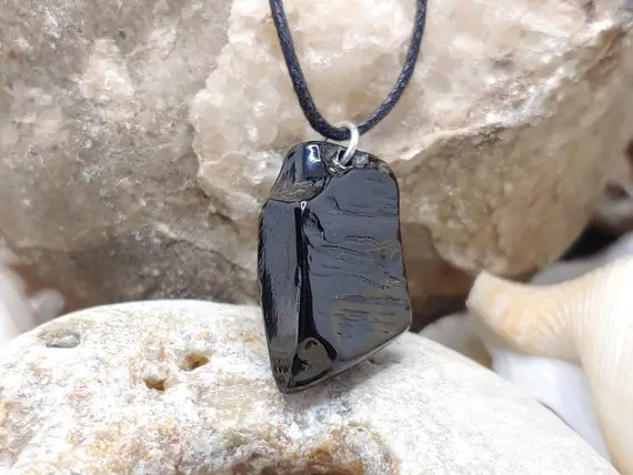 Unique Handmade Georgian Lignite Pendant, 100% Natural, With Natural Shape And Sterling Silver --- Free Worldwide Shipping