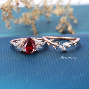 Shop Garnet Jewelry! Vintage Garnet engagement ring set pear shape rose gold Unique Cluster engagement ring Art Deco ring Diamond Bridal Promise ring women | Natural genuine Garnet jewelry. Buy handcrafted artisan wedding jewelry.  Unique handmade bridal jewelry gift ideas. #jewelry #beadedjewelry #gift #crystaljewelry #shopping #handmadejewelry #wedding #bridal #jewelry #affiliate #ad