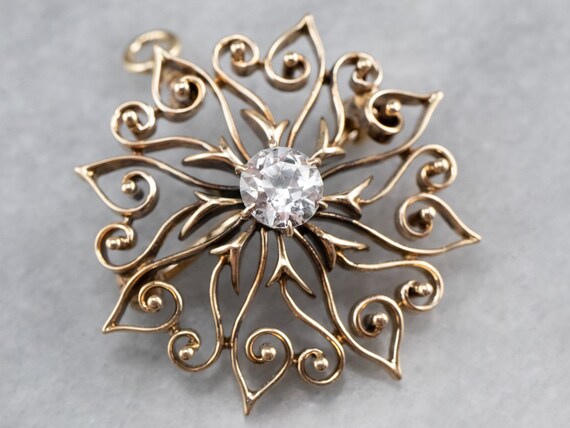 14k Gold Filigree Brooch, White Sapphire Antique Pendant