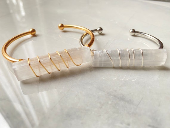 Wire Wrapped Selenite Bangle // Selenite Bracelet // Adjustable Bracelet