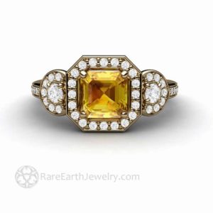 Shop Yellow Sapphire Rings! Asscher Yellow Sapphire Engagement Ring Assher Diamond Halo Yellow Sapphire Ring Ceylon Sapphire 3 Stone Ring | Natural genuine Yellow Sapphire rings, simple unique alternative gemstone engagement rings. #rings #jewelry #bridal #wedding #jewelryaccessories #engagementrings #weddingideas #affiliate #ad