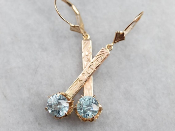 Blue Zircon Etched Bar Drop Earrings, December Birthstone, Zircon Gold Dangle Earrings, Anniversary Gift, Bridal Jewelry, Vfd6v3ph