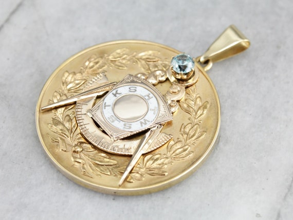 Masonic Medallion Pendant With Blue Zircon, Upcycled Antique Jewelry, Men's Fraternal Pendant, Masonic Jewelry, Atq4zz