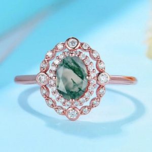 Shop Moss Agate Rings! 14k Rose Gold Plated Green Moss Agate ring Unique Moss Agate Engagement Ring Rose Gold Art Deco Agate Wedding Ring for Women | Natural genuine Moss Agate rings, simple unique alternative gemstone engagement rings. #rings #jewelry #bridal #wedding #jewelryaccessories #engagementrings #weddingideas #affiliate #ad