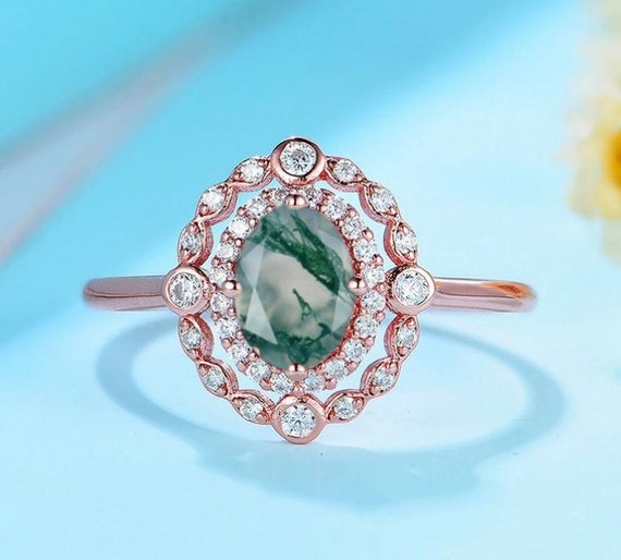 14k Rose Gold Plated Green Moss Agate Ring Unique Moss Agate Engagement Ring Rose Gold Art Deco Agate Wedding Ring For Women
