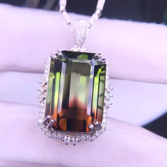 26.15ct Rare Natural Watermelon Tourmaline Pendant, Emerald Cut Tourmaline In 18k Solid White Gold And Real Diamonds, With Certificate