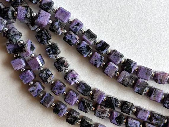 7-7.5 Mm Charoite Faceted Fancy Box Shape Beads, Natural Cherolite Cube Beads, Cherolite For Jewelry (4in To 8in Options) - Aag36