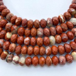 Shop Red Jasper Rondelle Beads! 8mm Red Bend Jasper faceted rondelle gemstone beads. 15" strands of Red Jasper with dabs of pink and white. | Natural genuine rondelle Red Jasper beads for beading and jewelry making.  #jewelry #beads #beadedjewelry #diyjewelry #jewelrymaking #beadstore #beading #affiliate #ad