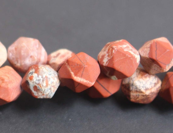 8mm White Red Jasper Matte Faceted Star Cut Nugget Beads,15'' Per Strand