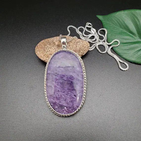 925forher Big Charoite Necklace Pendant With Silver Box Chain Necklace 18 In | Sterling Silver Purple Charoite Necklace | Charoite Pendant