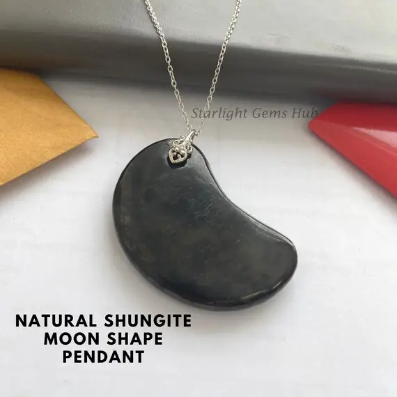 Aaa++  Black Shungite Necklace Pendant-58x30mm Smooth Moon Shape Pendant-shungite Jewelry-designer Pendant-without Chain-gifts For Her/him