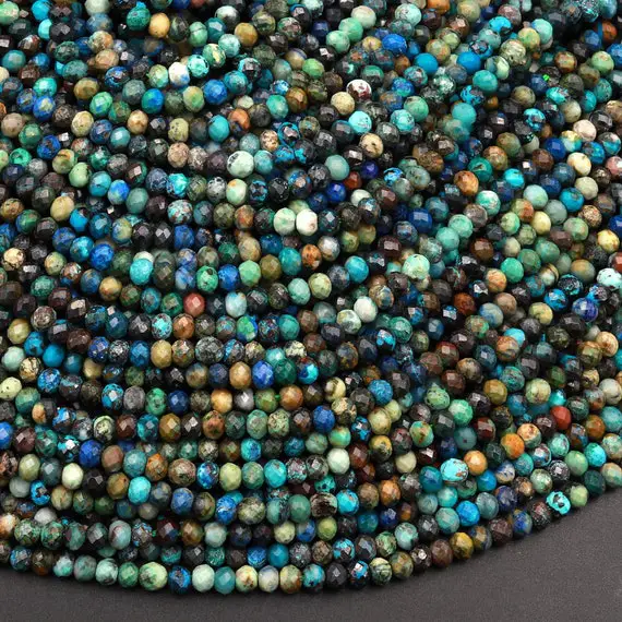 Aaa Micro Faceted Small Natural Chrysocolla Azurite Rondelle Beads 3mm Laser Diamond Cut Blue Green Gemstone 15.5" Strand