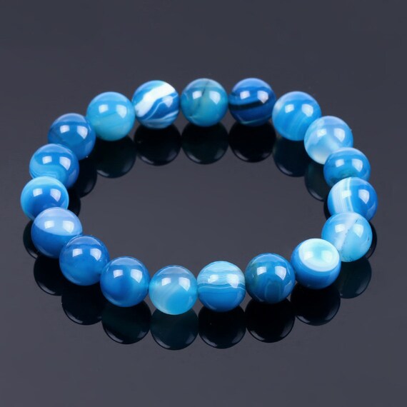Women Bracelet, Men Bracelet, Blue Striped Agate Stone Beads Bracelet 8''