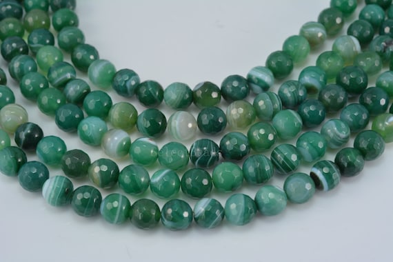 Green Banded Agate Beads - Natural Green Agate - Stripe Gemstone Beads - White And Green Beads -  Faceted Round Beads -size 8-12mm -15inch