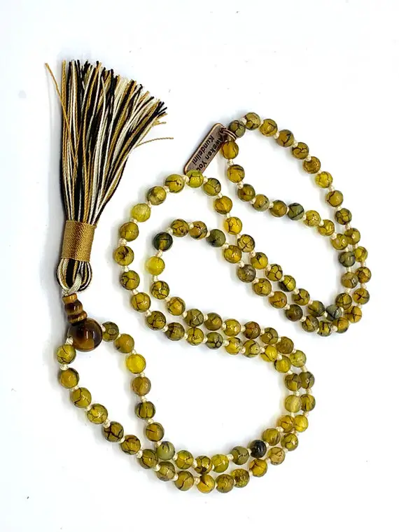 108 Green Agate Dragon Vein Hand Knotted Mala Bead Necklace Buddhist Prayer Beads Knotted Gemstone Mala - Energized For Spiritual Awakening