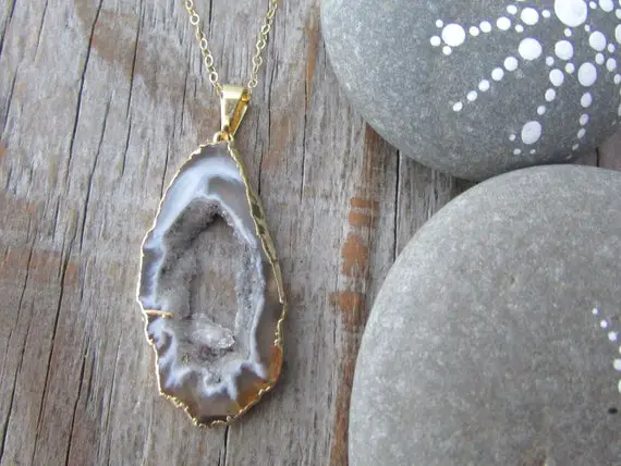 Agate Slice Necklace, Slab Of Agate With Gold Edges And Gold Chain, Geode Slice