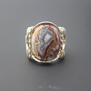 Shop Agate Rings! Sterling Silver Laguna Agate Cabochon Wire Wrapped Ring | Natural genuine Agate rings, simple unique handcrafted gemstone rings. #rings #jewelry #shopping #gift #handmade #fashion #style #affiliate #ad