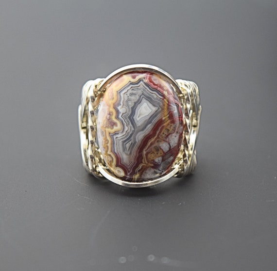 Sterling Silver Laguna Agate Cabochon Wire Wrapped Ring